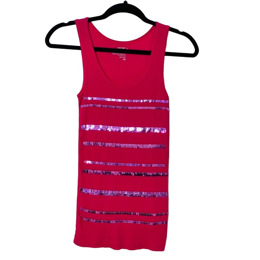 Old Navy Small Hot Pink Sequin Ribbed Wide Strap Cotton Tank Top